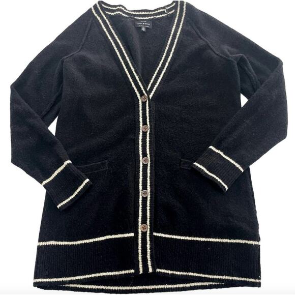 Lucky Brand Longline Cardigan Sweater Womens Small Black Tipped Button Front - Picture 2 of 12